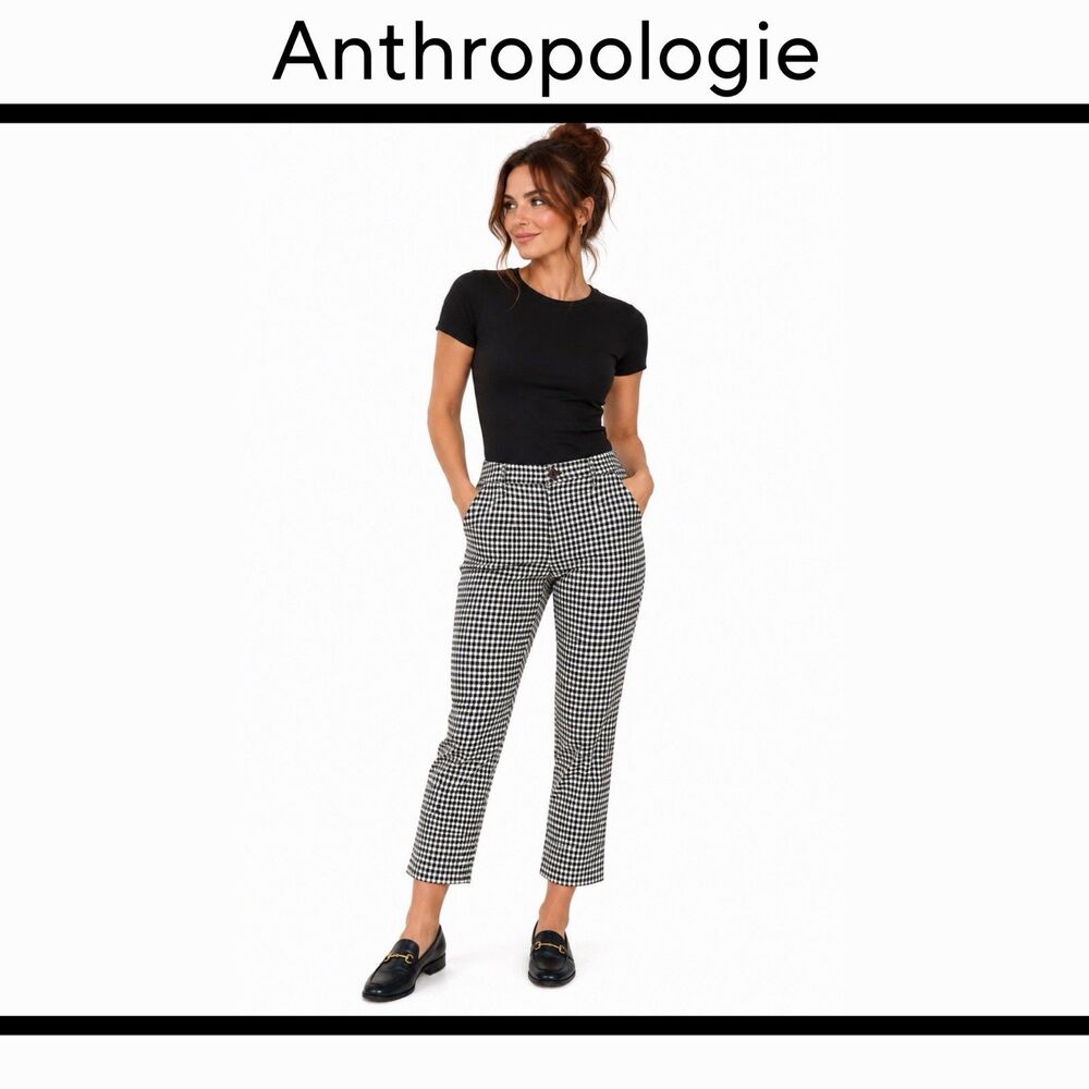 Anthropologie The Essential Crop Flare Black & White Gingham Check Pants Sz 2